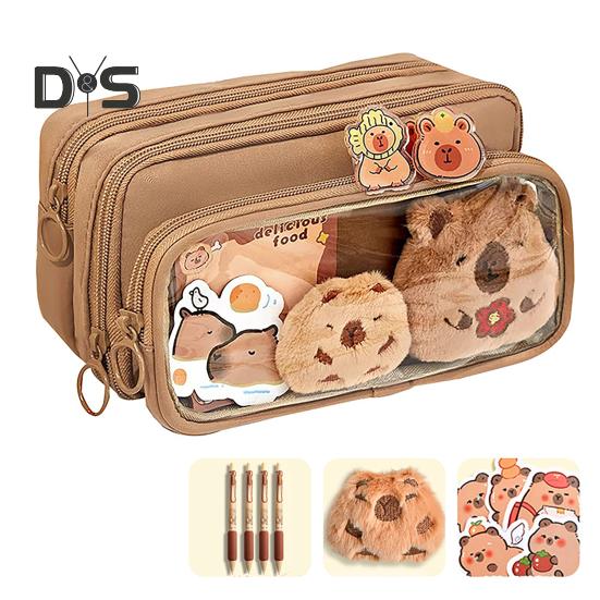 

Пенал Capybara, большая вместимость, многослойная холщовая сумка для ручек с отделениями, водонепроницаемый материал, набор для самостоятельного изготовления пенала кофейный