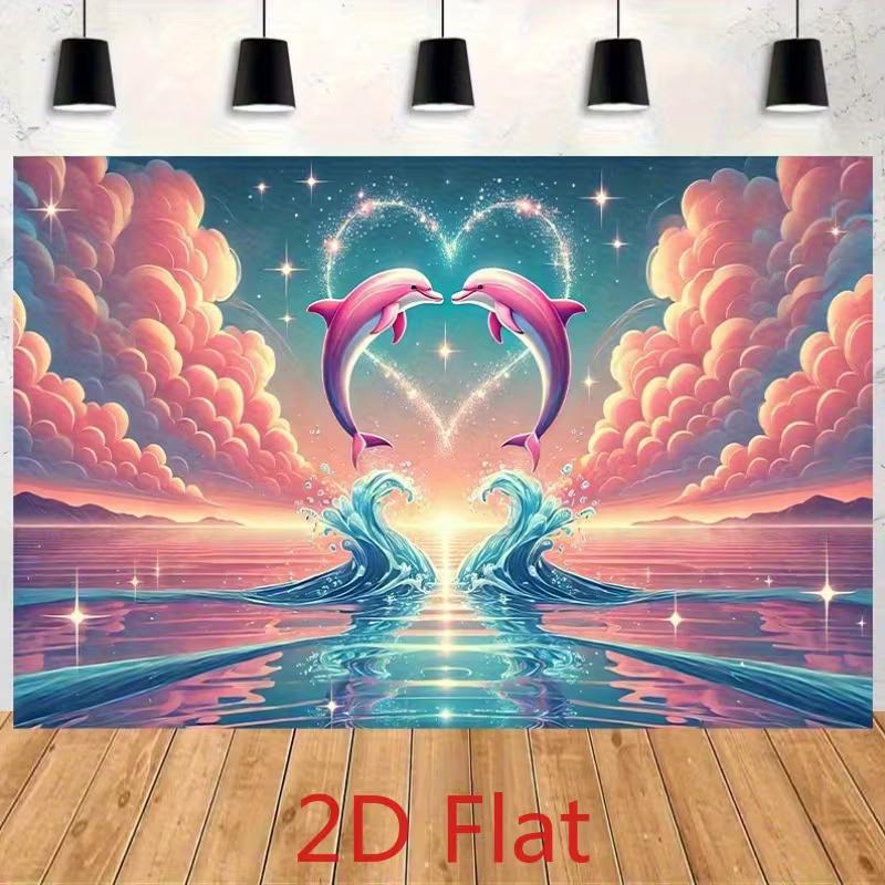 2D Pink Dolphin Heart Backdrop, Romantic Ocean Sunset Photography Backgr