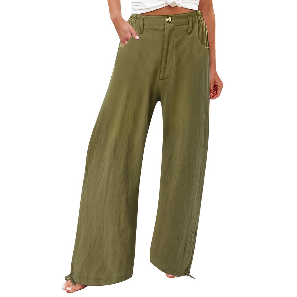 Summer Cotton Linen Wide Leg Pants Women Loose Palazzo Pant Pocket Elastic Waist Button Casual Pants