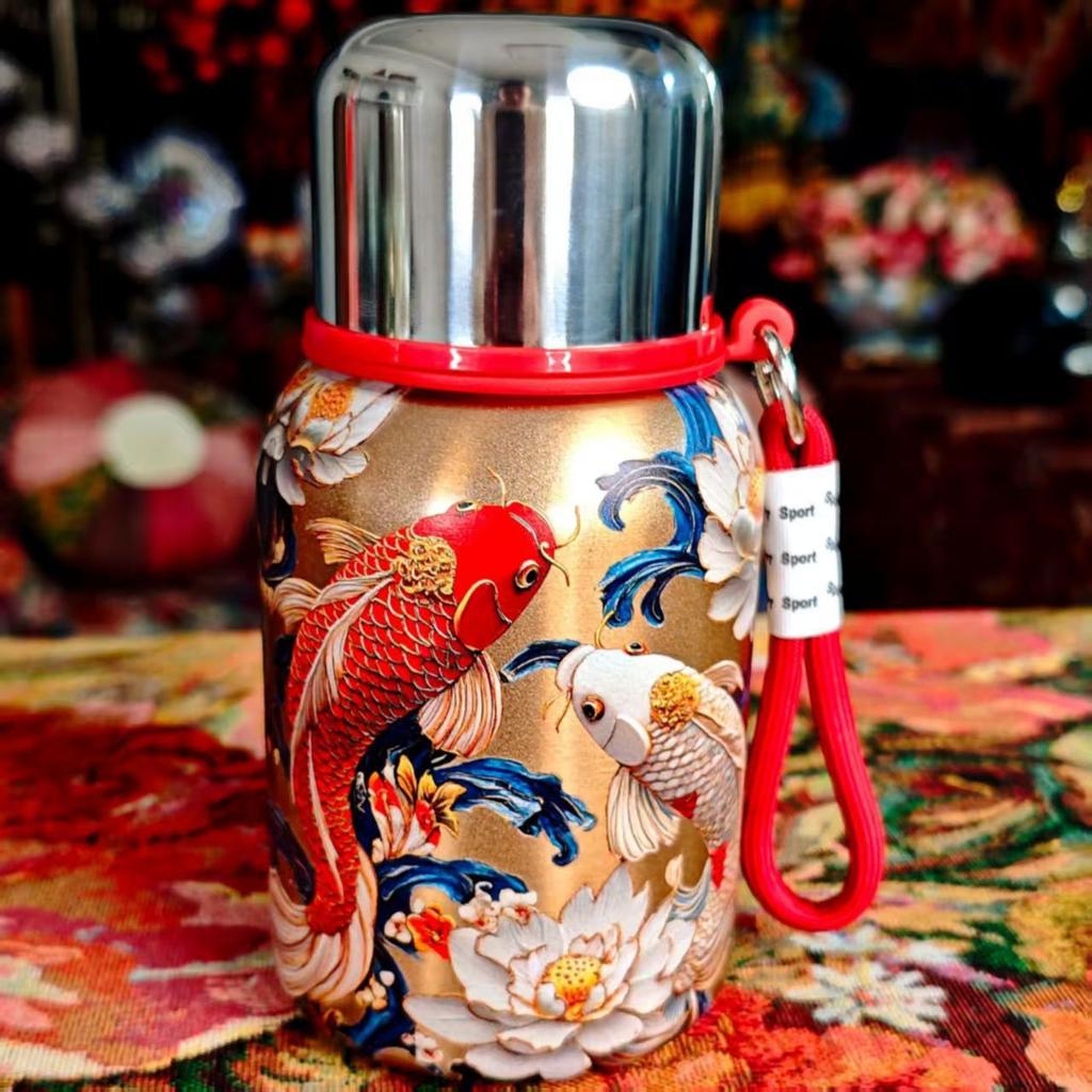 Guofeng Koi Pattern 304 Stainless Steel Thermos Cup Peacock Pattern Portable Lanyard High Value Water Cup Business Gift