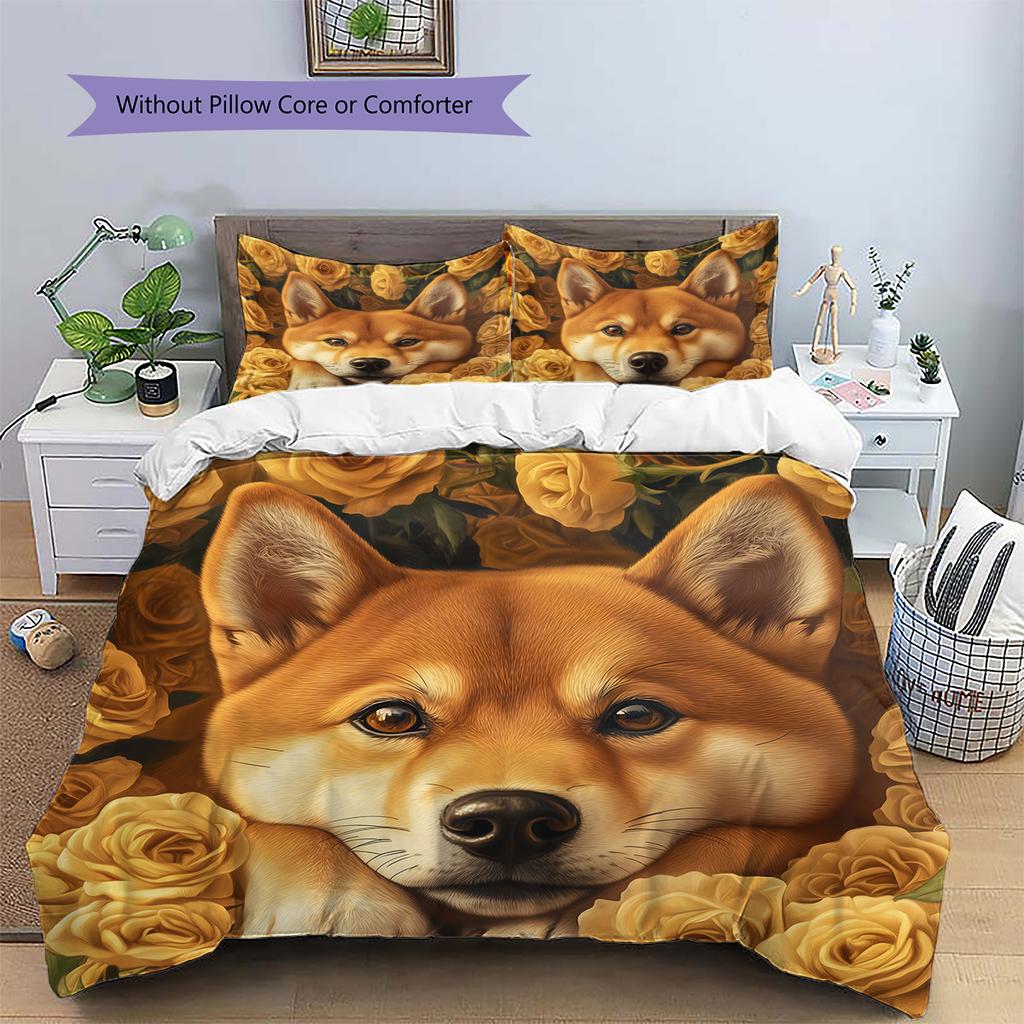 Shiba Inu and Rose Pattern Bedding Home Decoration Birthday Gift (1 * duvet cover + 2 * pillowcase, without core)