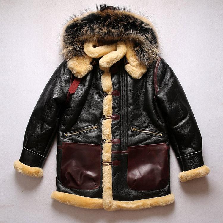 American empty B flight suit fur integrated coat men's removable hat medium and long sheepskin fur fur jacket