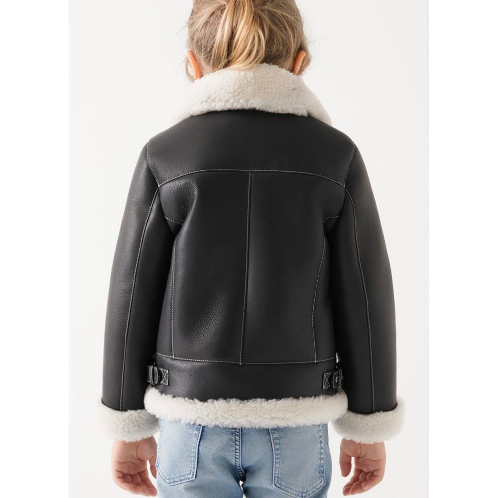 Kids Boys and Girls Autumn and Winter Fleece PU Leather Turn-down Collar Solid Color Zip Jacket