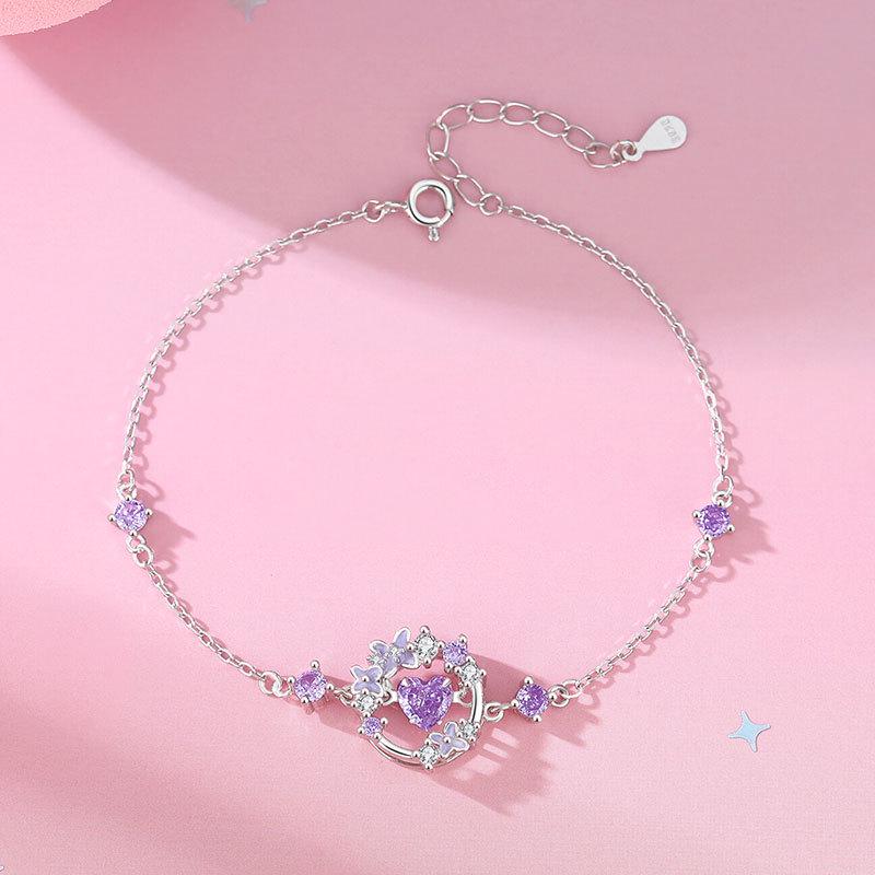 Tichia Blooming Heart S925 Sterling Silver Bracelet with Purple Zircon Flower Design for Women. 925 Silver
