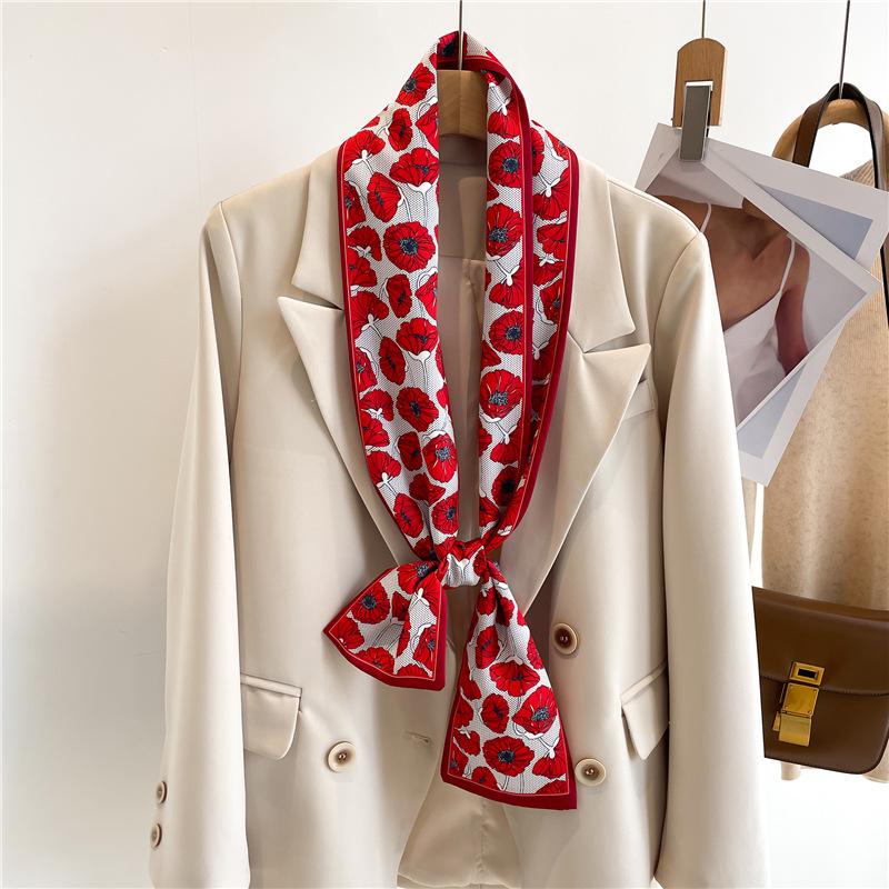 Tassel-decorated Suit Necktie Belt Small Strip Headband Silk Scarf Women's Double-sided Printed Narrow Thin Scarf