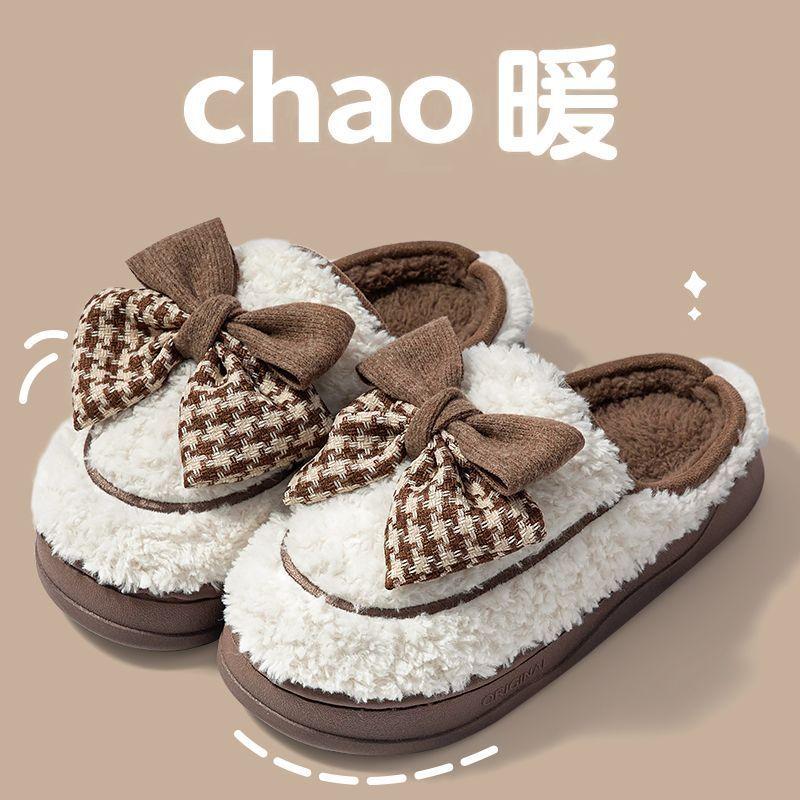 Bow cotton slippers autumn and winter home interior 2025 new thick bottom warm, cool slippers outside