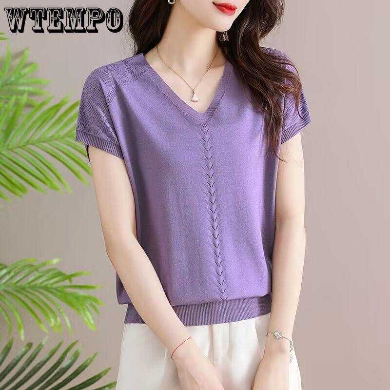 Women's Knitted T-shirt Summer Middle Aged Mom Summer Clothes Short Sleeved T-shirt Women's V-neck Shirt