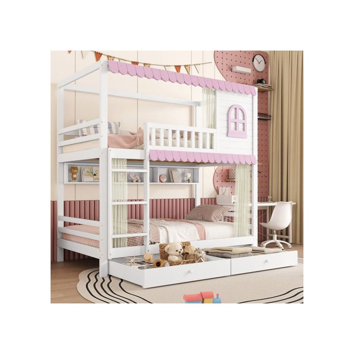 Bunk Bed, Children's Bed with Window and Curtains with Safety Rail, Open Shelves, Stable Access Ladder