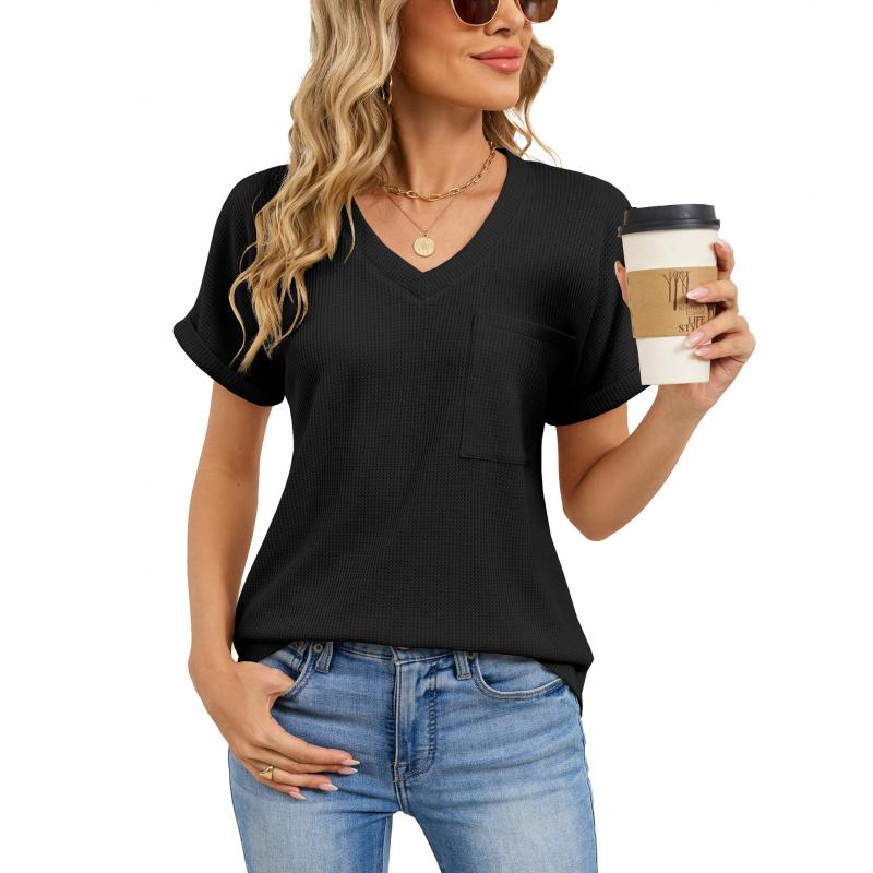 2026 Summer New Loose Women's V-Neck Waffle Pocket Short Sleeve Casual T-Shirt