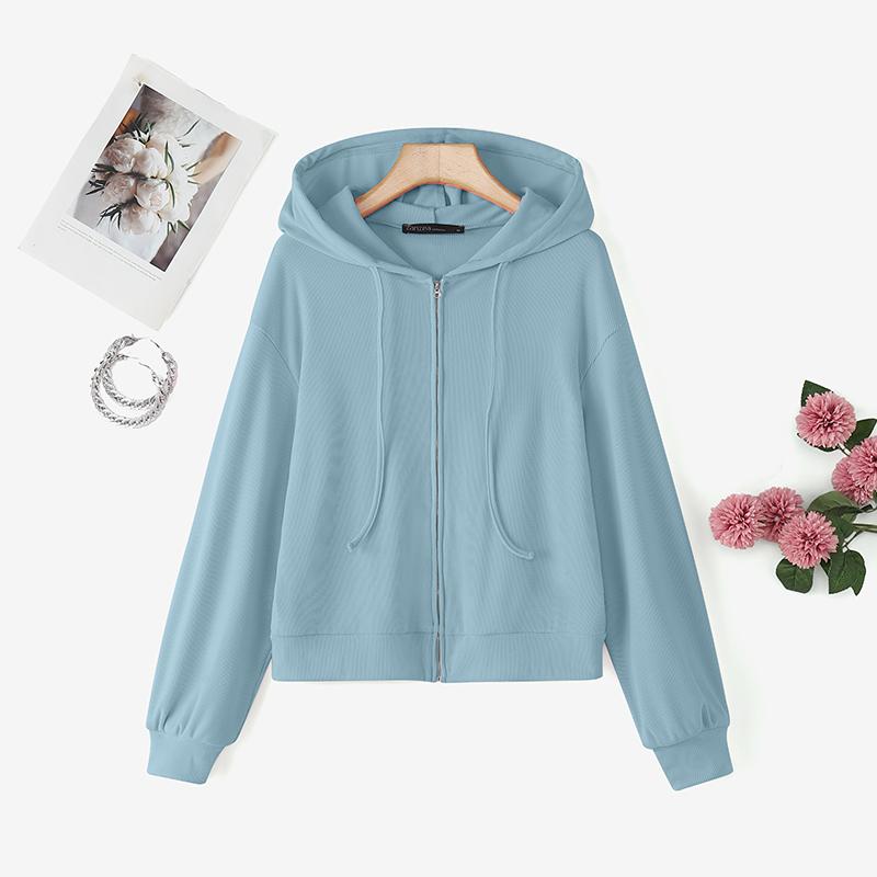 

ZANZEA Худи Толстовка Женская Повседневная С Длинным Рукавом На Молнии С Капюшоном Верхняя Одежда 5XL синий