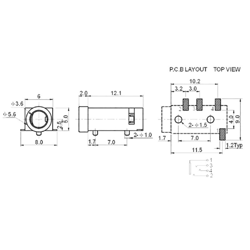 10 Stück Durchgangsloch-Leiterplatten-Steckverbinder, horizontal, 4 Kontakte, 4 Leiter, rechtwinklig, ohne internen Schalter, 4-polig, TRRS, 3,5-mm-Audio-Klinkenstecker