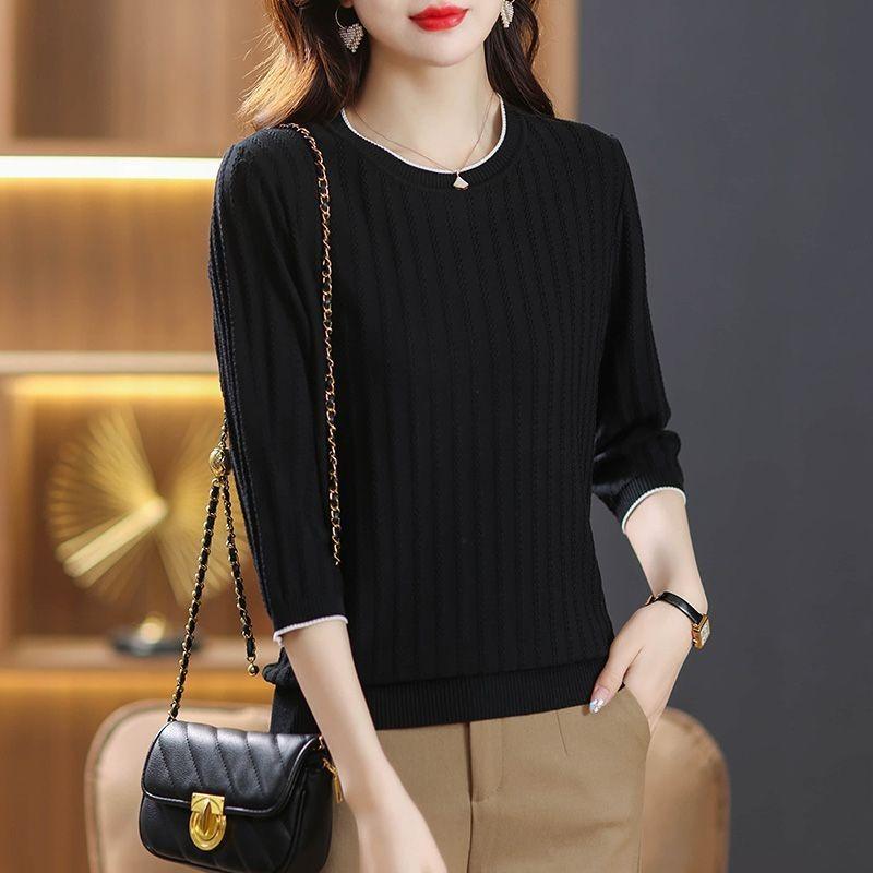 pink round neck contrast trim elbow sleeve textured knit top for women onesize чёрный