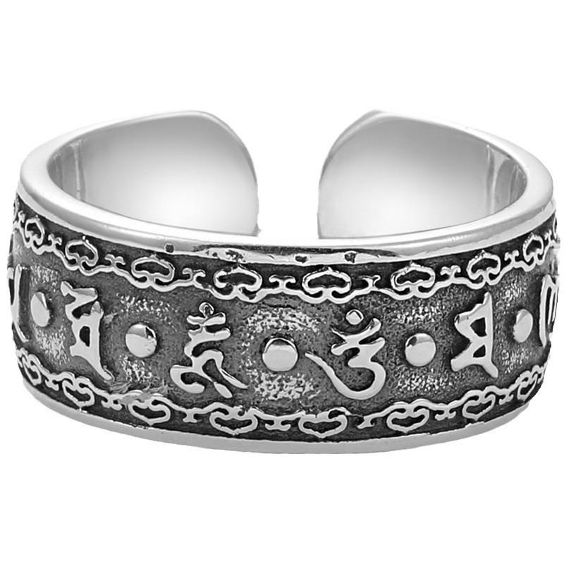 Adjustable Sterling Vintage Tibetan Mantra Ring Men Women Geometric Ethnic Style Lucky Charm Band