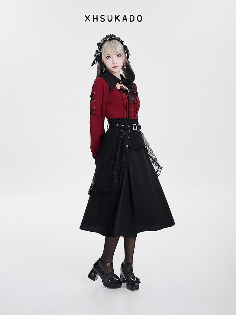 XHSUKADO Long Detachable Ribbon and Ruffled Gothic Yami Student Size S Women's Lace-Up Blouse, Sleeve, Spring/Autumn, Brooch, Lace, Style, Kawaii,