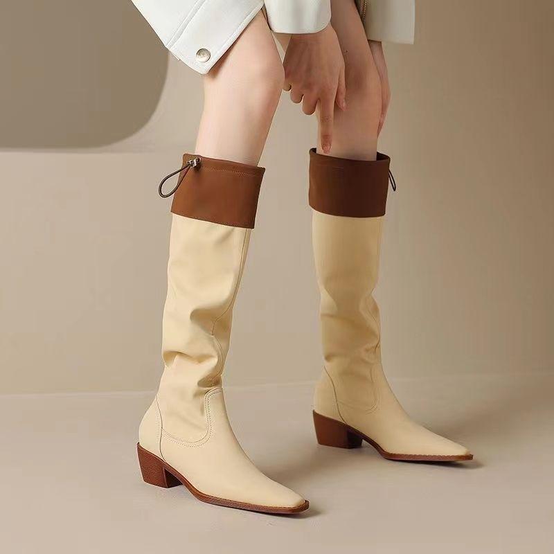 Fashion Square Toe Leather Color Blocking Middle Heel Knee High Shaft Shoes Woman Autumn Winter Chic and Elegant Pu Long Boots for Women