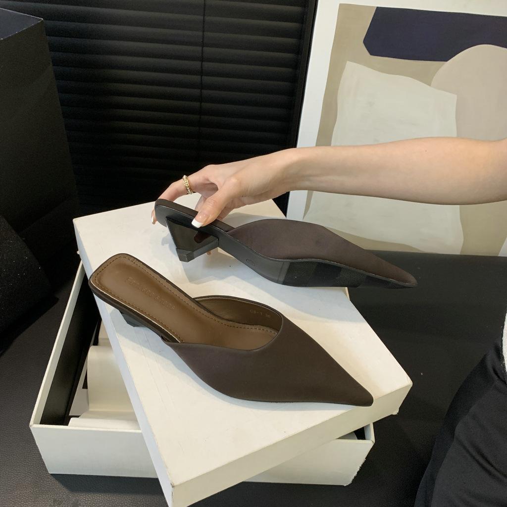 Feeling~ Fairy Pointed Head High Heels Women's Thin Heels Spring and Summer New Sexy Bag Head Korean Version Half Slippers Women's Outer Wear