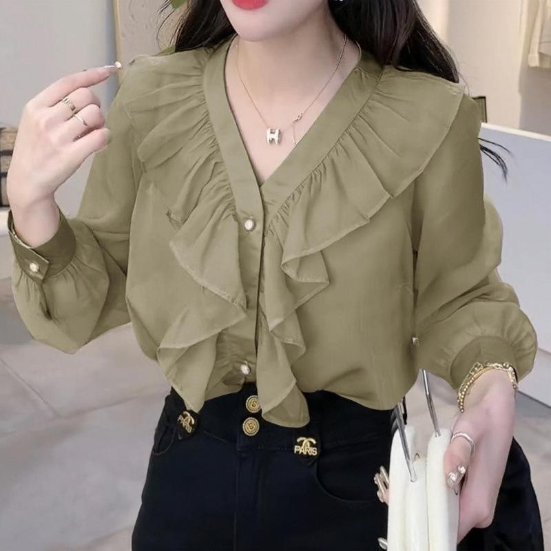 A Stylish and Beautiful Early Autumn Ruffled V-neck Long-sleeved Chiffon Shirt for Women, A Loose and Fashionable Top That Covers The Belly