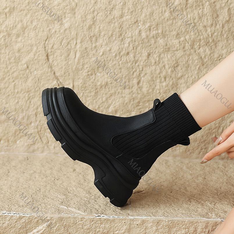 Fashion Knitted Patent Leather Sock Boots for Women Fashion New Thick Bottom Round Head Ankle Boots Casual Spring Autumn Women's Shoes