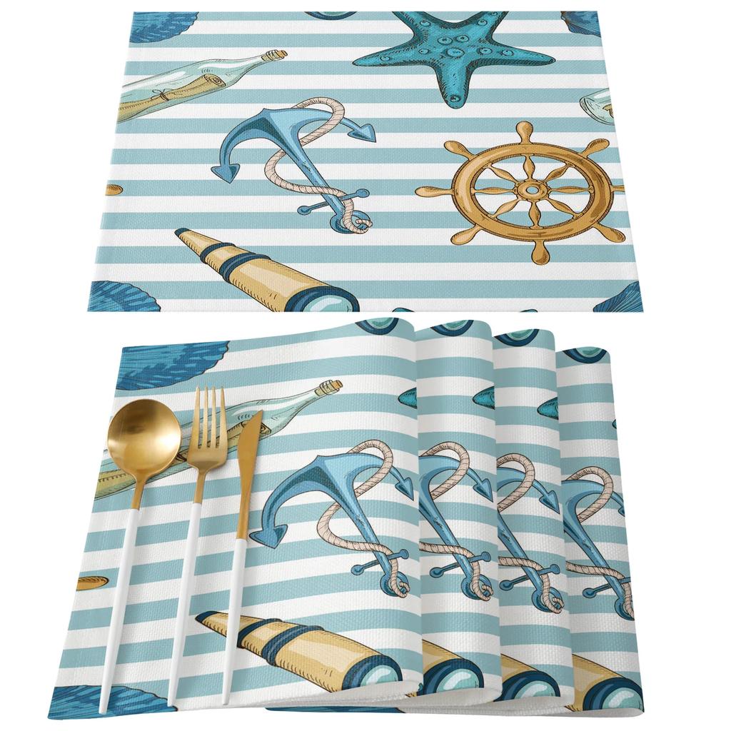 Nautisch Placematten Set, Anker Tafelmatten Wasbaar Zomer Kust Print Placemat voor Vakantie Banket Eetkamer Keukentafel Decor