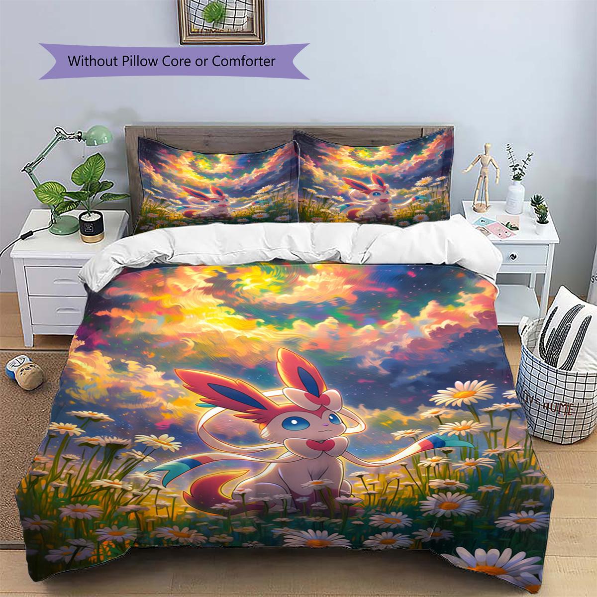 

Sylveon Patterned Pillowcase & Duvet Cover Set Anime Vintage Style Bedding for Bedroom Decoration Cool Present for Fans.-TING 135x200cm