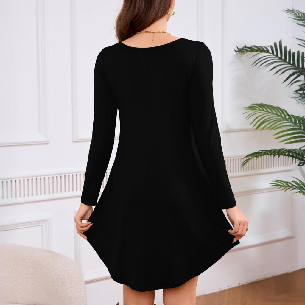 Women's Long-sleeved T-shirt Dress With Round Neck, Knee-length, Loose Fit, Casual And Pockets