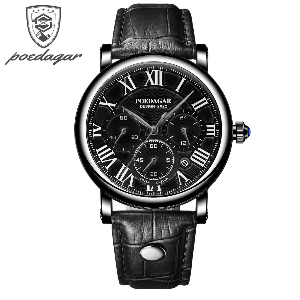 POEDAGAR Men Watch Fashion Chronograph Leather Quartz Watches Waterproof Luminous Sport Sport Wristwatch Six Needle Watch