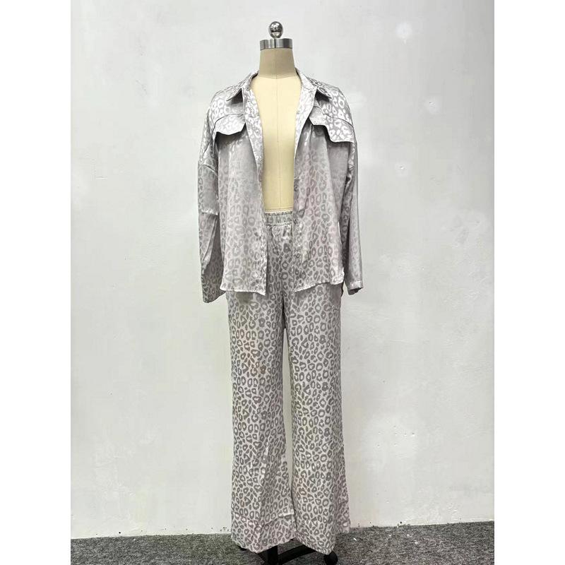 Spring and Autumn European and American Women's Suit Leopard Print Casual Fashion Loose Long Sleeve Long Pants Shirt Women's Two-Piece Set