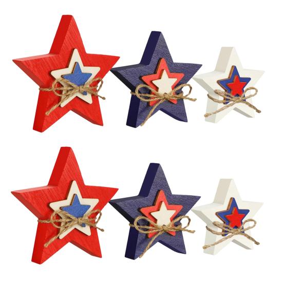 4. Juli Holzstern Freistehendes Tischschild Rustikaler Patriotischer Stern Mehrstufige Tischdekoration Rot Weiß Blau Gedenktag Dekoration für Bauernhaus