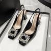 Spring 2025 new French thick heel non-slip high heels rhinestone square head empty bag head sandals women