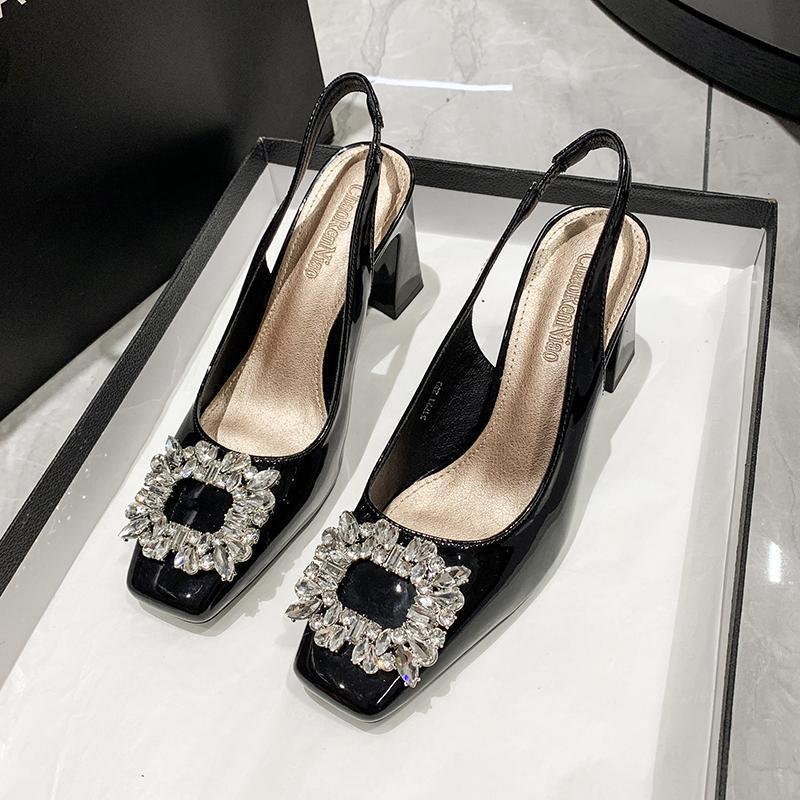 Spring 2025 new French thick heel non-slip high heels rhinestone square head empty bag head sandals women