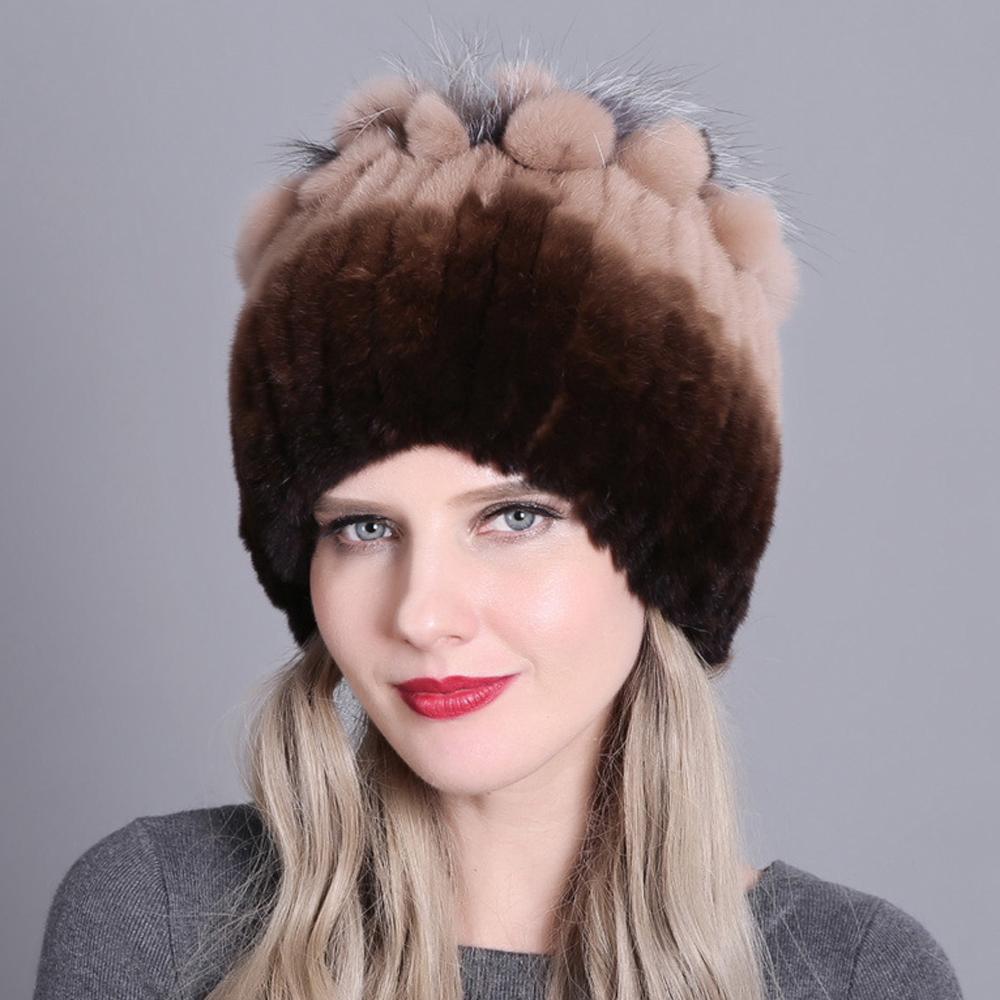 Winter Premium Rabbit Fur Beanie Hats Genuine Rabbit Fur Caps Women Winter Fur Rex Rabbit Knitted Hats Warm Beanie Caps