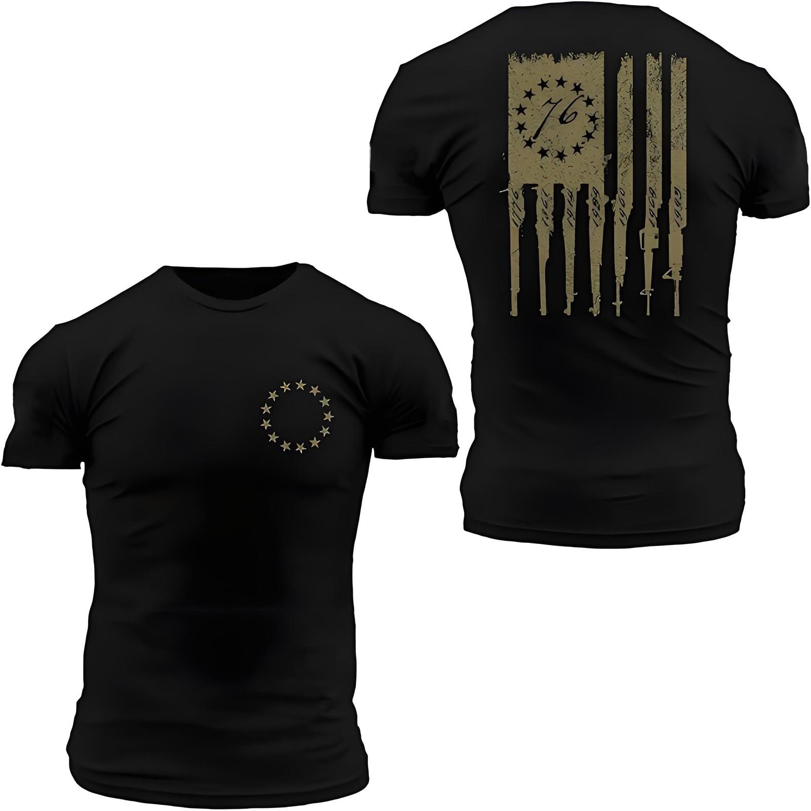 Distressed 1776 Betsy Ross Flag Rifle Patriotic T-Shirt Casual Short Sleeve Tee S