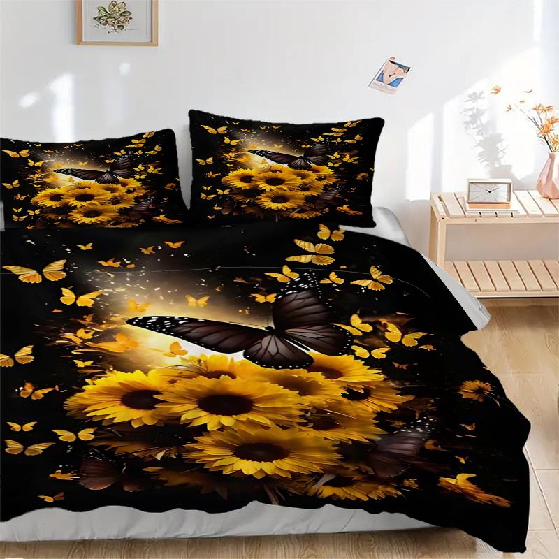 3pcs Black Butterfly Is Flying Among Sunflowers Bedding Set, 1 Soft Quilt Cover + 2 Pillowcases, Machine Washable, Suitable for All Seasons