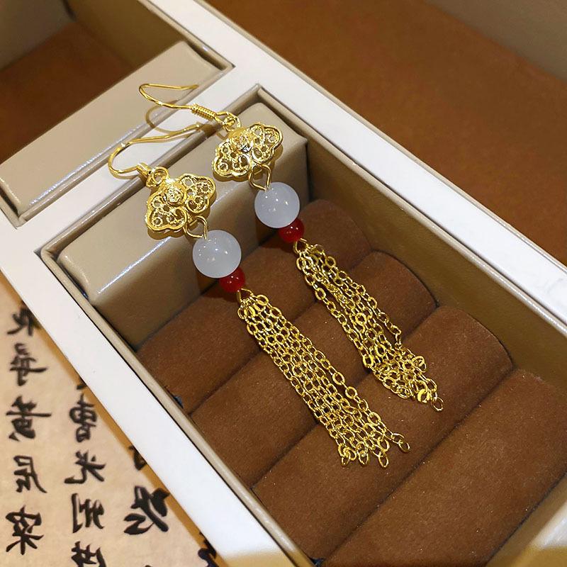 

Elegant Chinese Tassel Earrings for Women - Metallic Cloud Design, Hanfu Style
