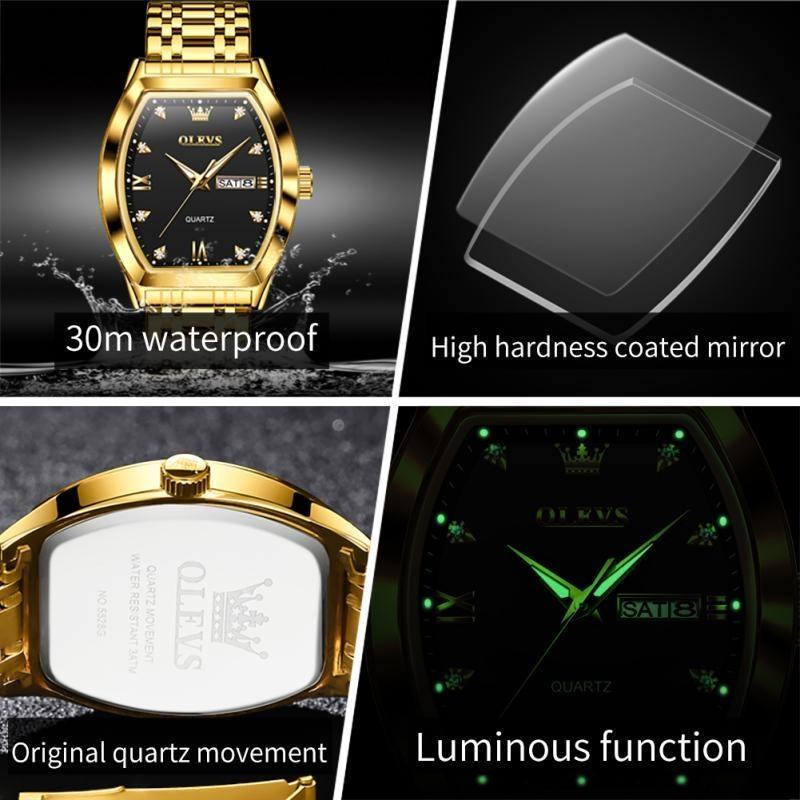 OLEVS Men's Watches Luxury Tonneau Original Quartz Watch for Men Waterproof Luminous Week Date Diamond Male Wristwatch