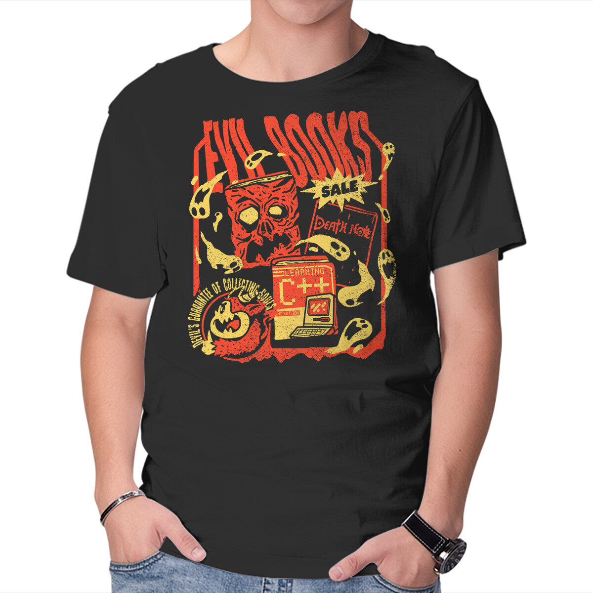 Unisex Crew Neck T-Shirt Evil Books Graphic Short Sleeve Casual Tee L