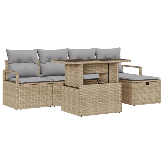 Ensemble de 6 pièces de canapés de jardin avec coussins beige poly rotin, Canapé de jardin 2 places avec rangement 3361119