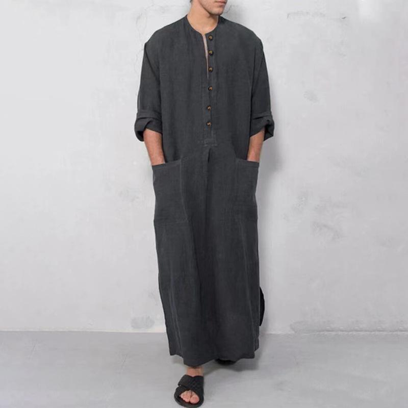 Robe Ethnique Homme Coupe Ample Col Montant Manches Longues