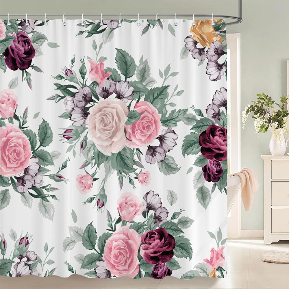 1 Pack of Watercolor Flower Plant Pattern Polyester Shower Curtain Bathroom Partition Curtain with Hooks Home Decorative Curtain