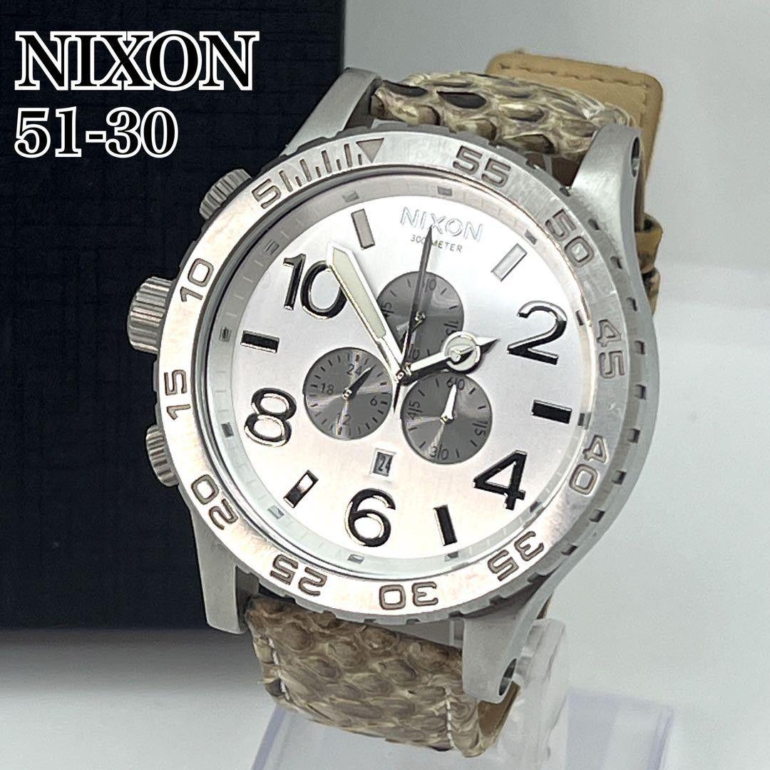Used NIXON 51-30 Chronograph Watch Python Leather Belt Left Crown Big Face Silver Watch