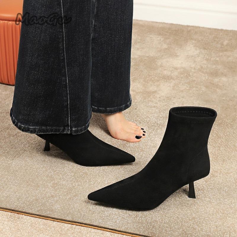 Fashion High Heel Women's Ankle Boots Soft Leather Suede Elegant Office Ladies Short Boots Bota Feminina Size 35-39 Pointed Toe Botines
