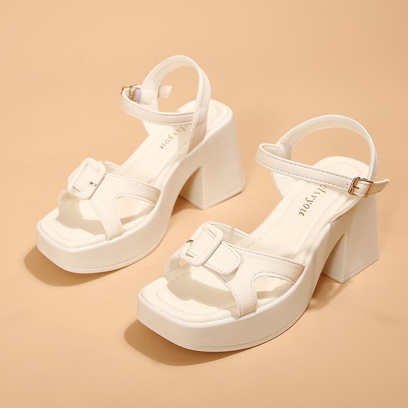 Versatile Sandals 2025 Summer New Thick-soled Thick Heel Buckle Belt Buckle One-word Buckle Belt Women's Shoes Sandals Women's