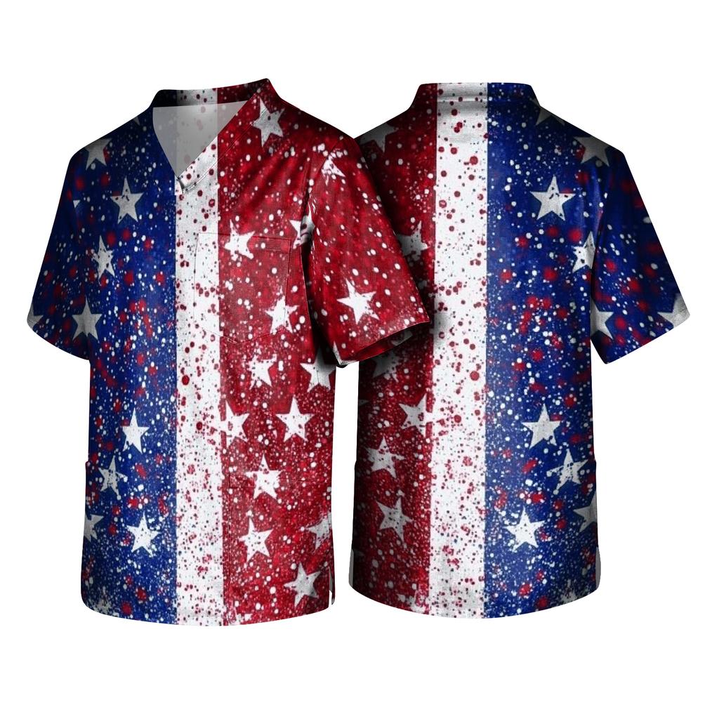 Short Sleeve V Neck Printed Scrub Top with Star Pattern and Two Front Pockets for Professionals Unisex Design Comfortable Fit
