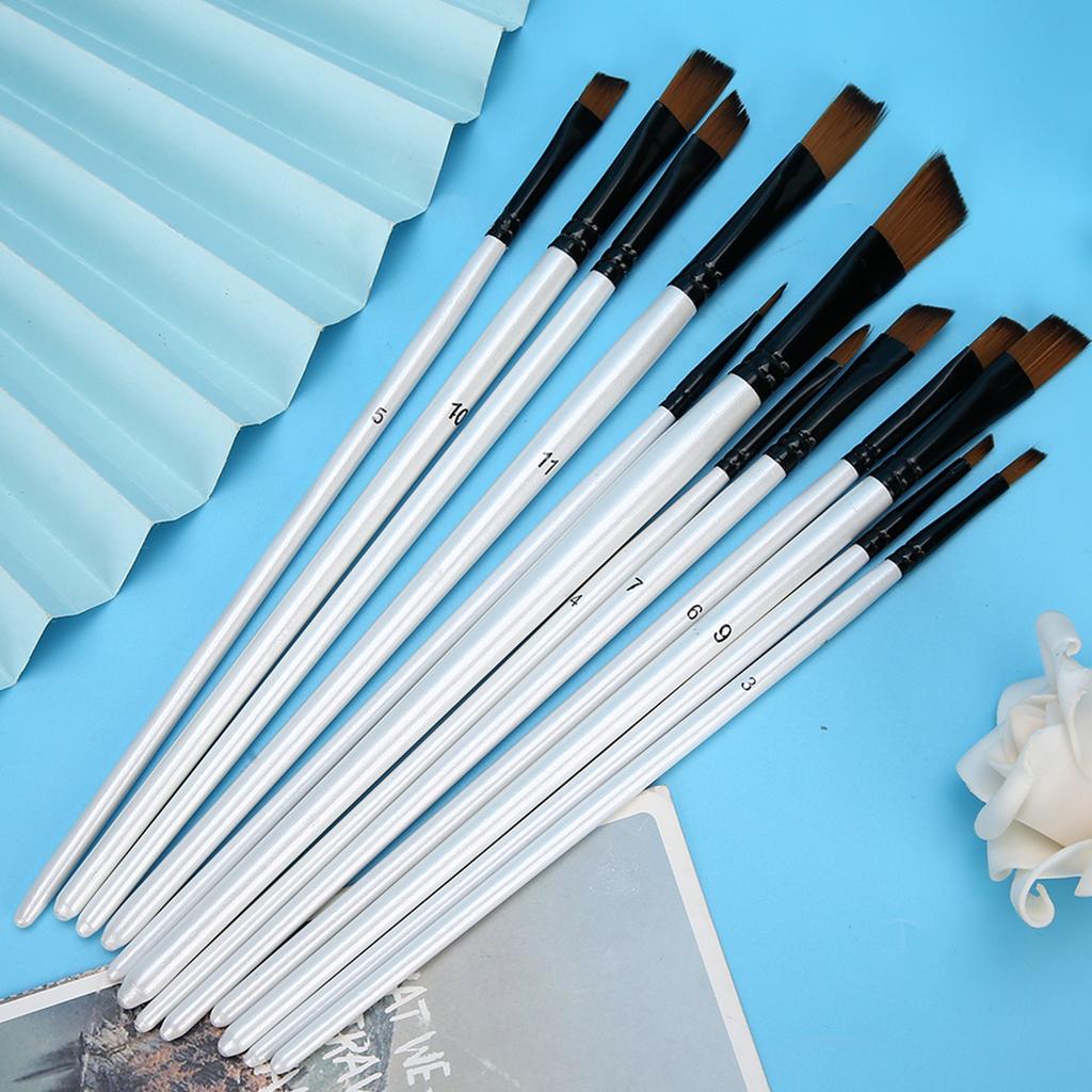 12Pcs Nylon Hair Paint Brushes Set Wood Handle Pearl White Variety Style Oil Acrylic Drawing SuppliesC Oblique Head