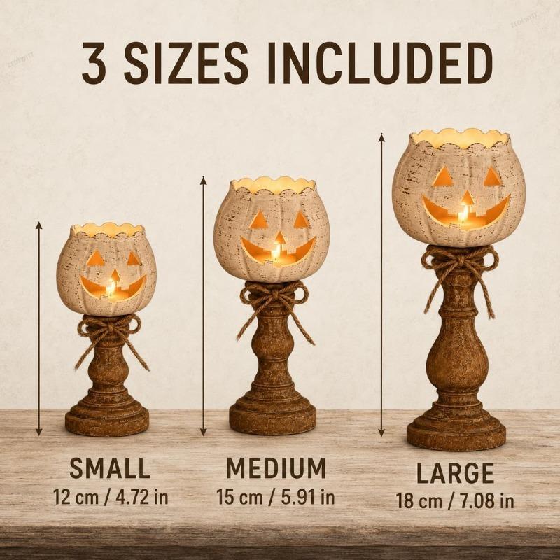 Vintage Distressed Pumpkin Tea Light Candle Holder Set Rustic Farmhouse Halloween Table Decor for Home Party Holiday Mantel