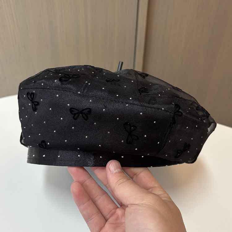Mesh Rhinestone Light Luxury Beret Women'S Summer Breathable Octagonal Hat Embroidery Bow Painter Hat