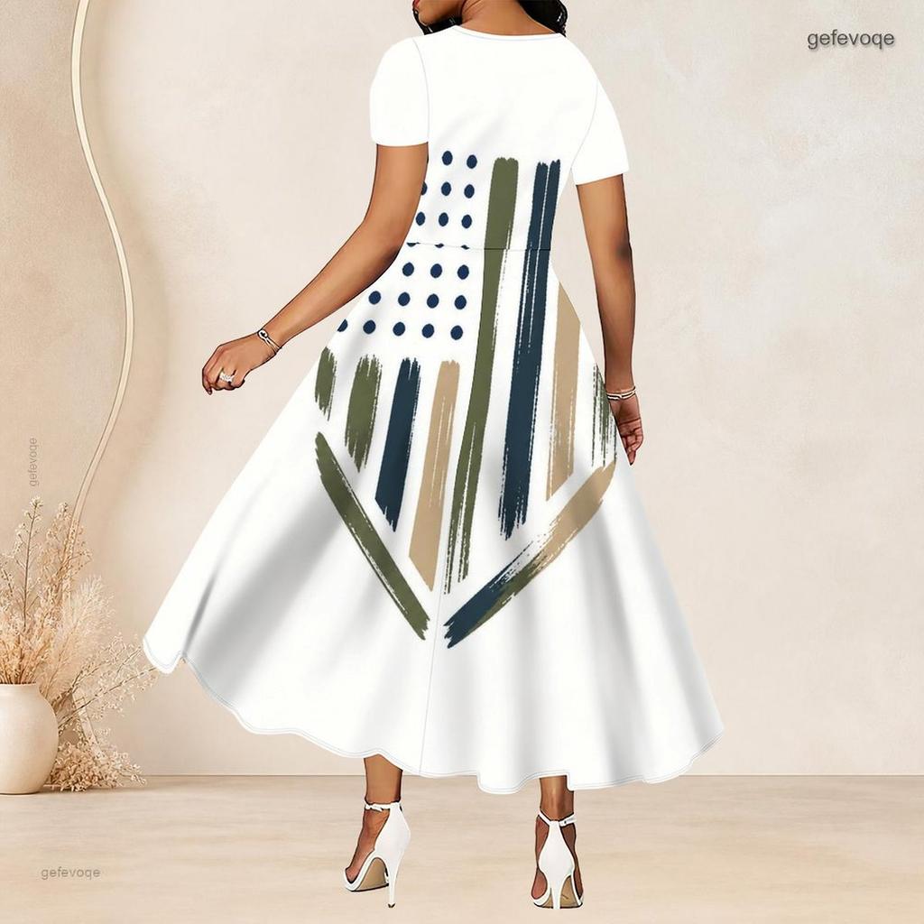 Women Plus Size Round Neck Short Sleeve American Flag Print A Line Long Dress