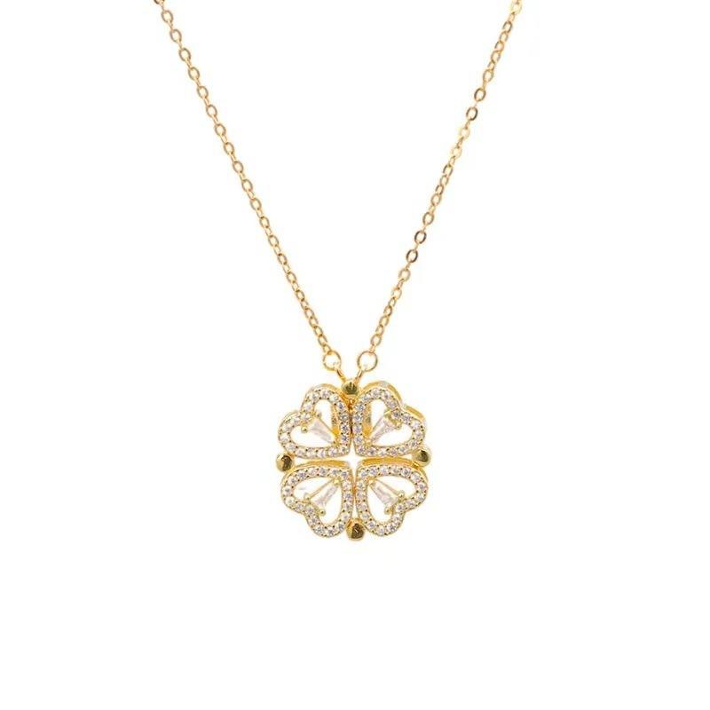 C211 Simple Heart-to-Heart Four-Leaf Clover Necklace for Women Fashion Collarbone Chain Heart Foldable Two-Way Pendant Necklace