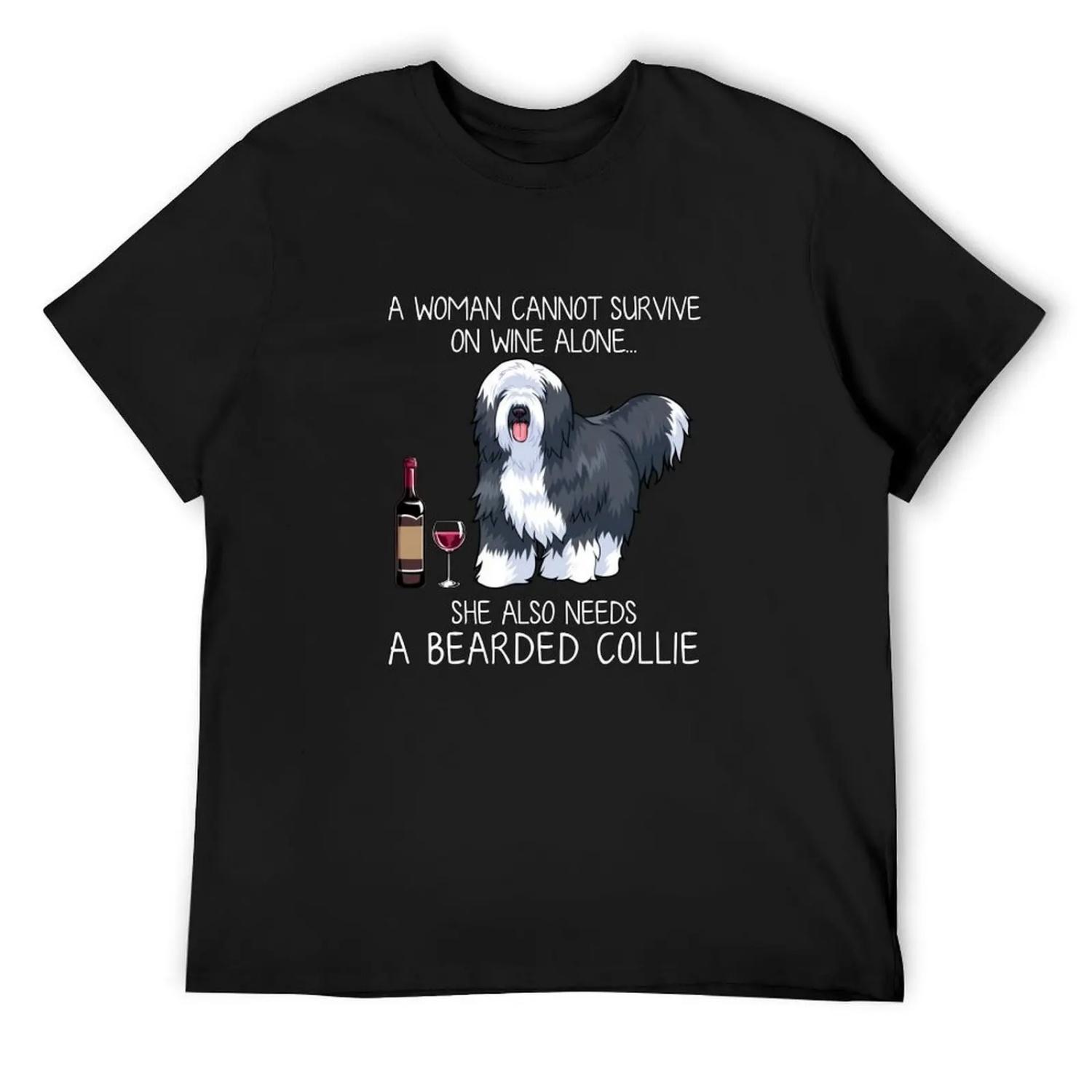 Bearded Collie and wine Funny dog T-Shirt summer tops vintage anime shirt graphics tops men graphic t shirts S