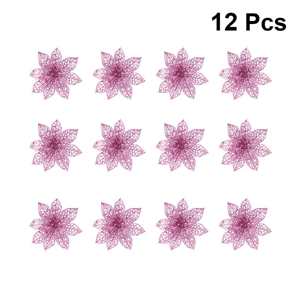 10pcs Christmas Glitter Poinsettia Flowers Tree naments Flower Artificial Decoration Tree nament Xmas Party Supplies